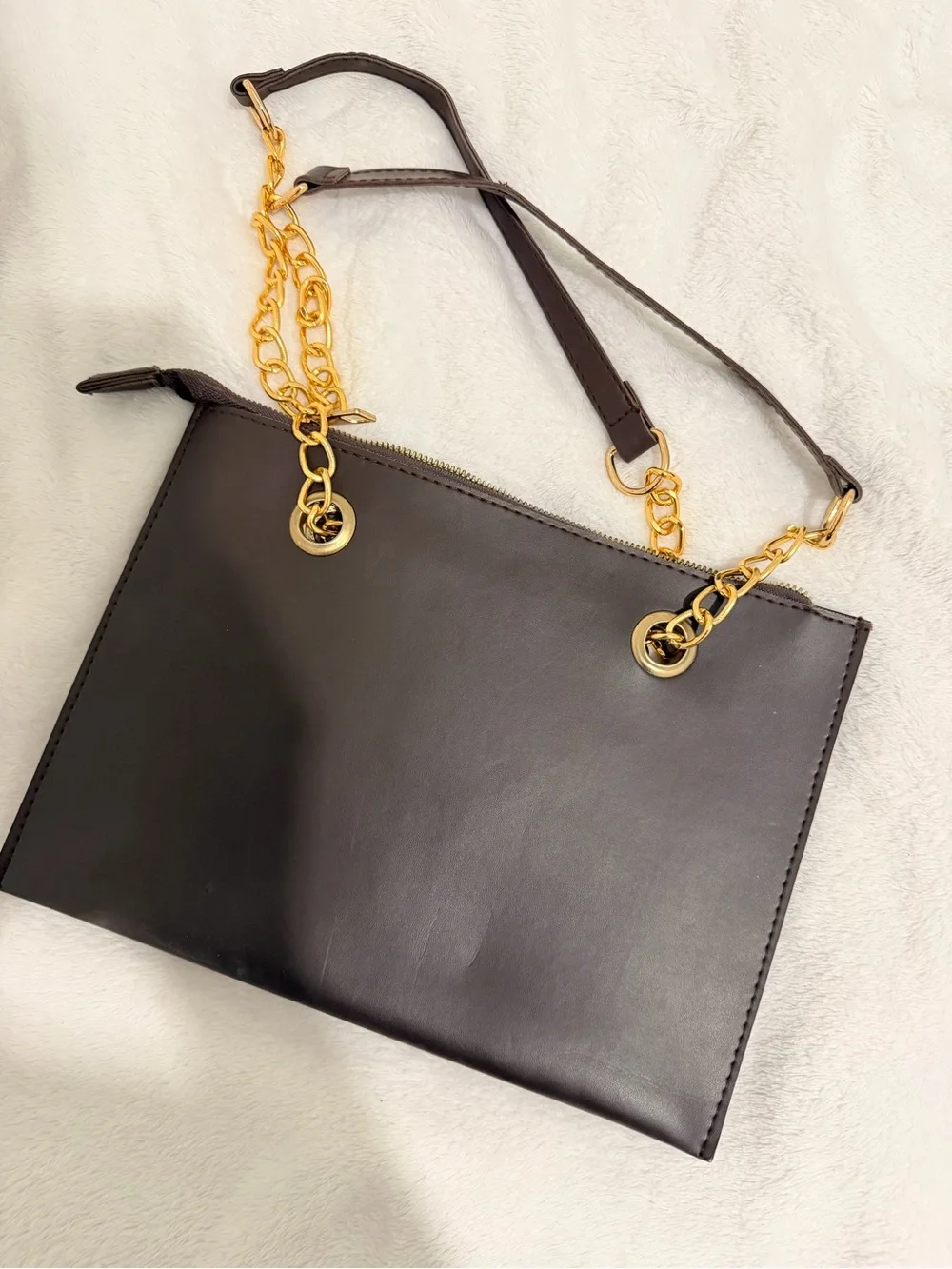 Fendi Black Leather Shoulder Bag with White Logo and Gold Chain